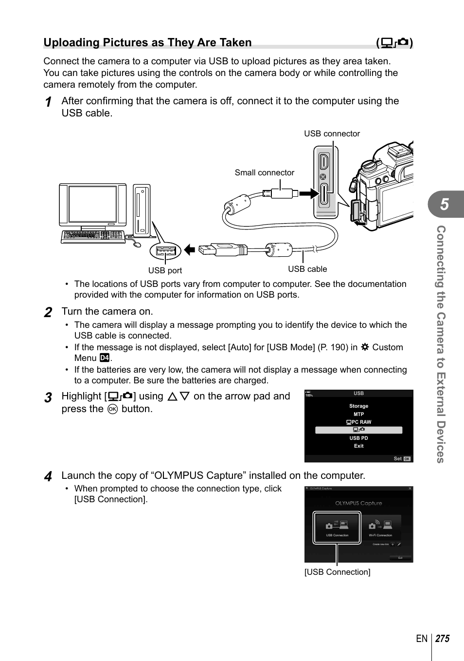 Connecting the camera to external devices, Uploading pictures as they are taken ( 0 ) | Olympus OM-D E-M1 Mark III Mirrorless Camera User Manual | Page 275 / 333