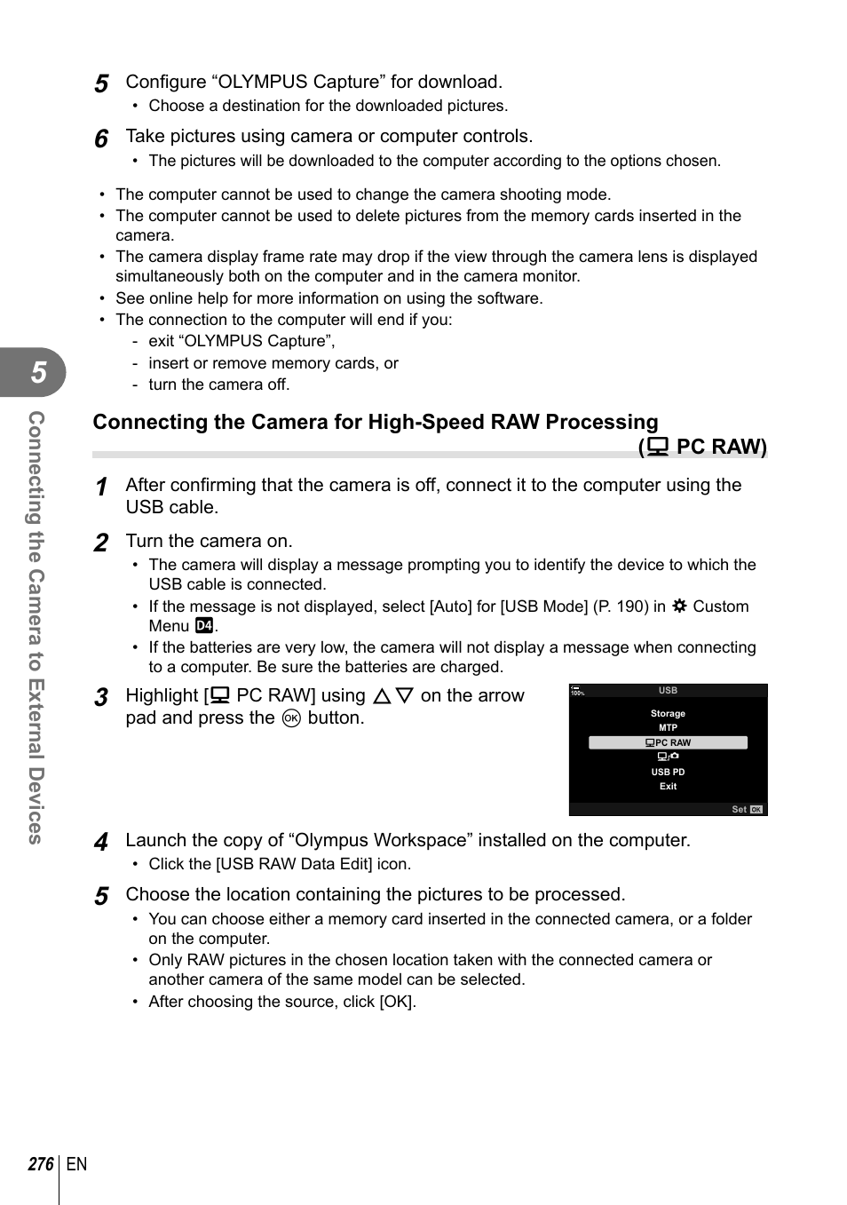 Connecting the camera to external devices | Olympus OM-D E-M1 Mark III Mirrorless Camera User Manual | Page 276 / 333