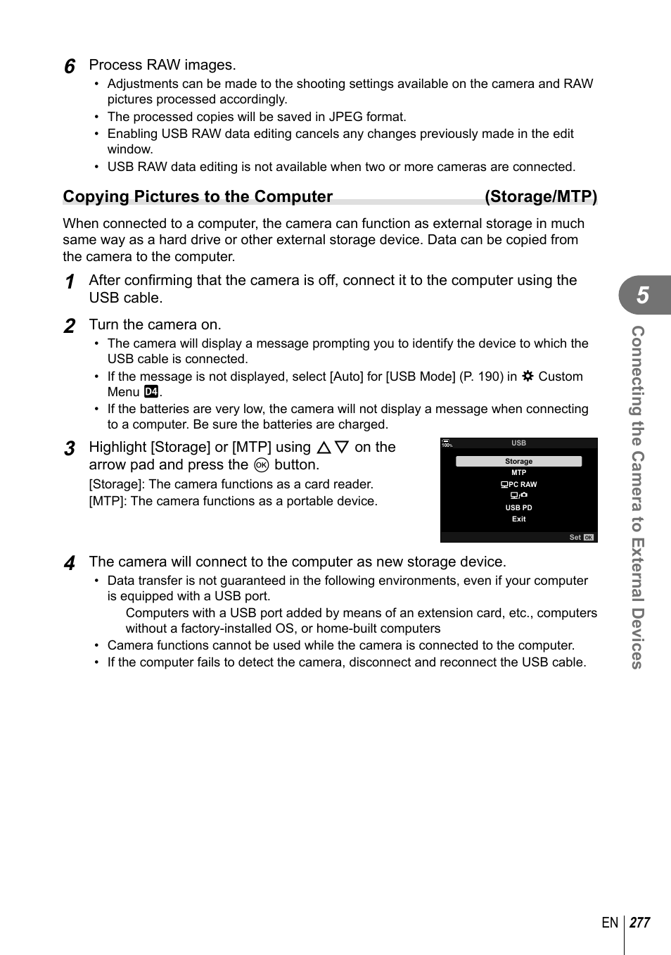 Connecting the camera to external devices, Copying pictures to the computer (storage/mtp) | Olympus OM-D E-M1 Mark III Mirrorless Camera User Manual | Page 277 / 333