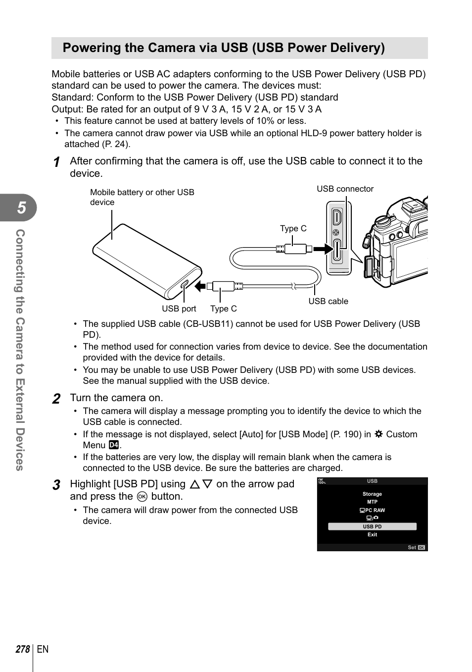 Powering the camera via usb (usb power delivery), Connecting the camera to external devices | Olympus OM-D E-M1 Mark III Mirrorless Camera User Manual | Page 278 / 333