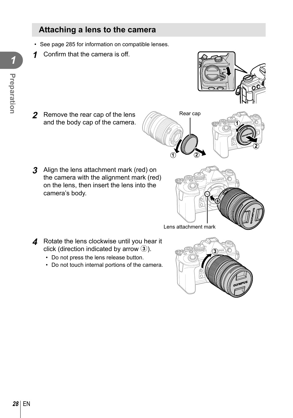 Attaching a lens to the camera | Olympus OM-D E-M1 Mark III Mirrorless Camera User Manual | Page 28 / 333