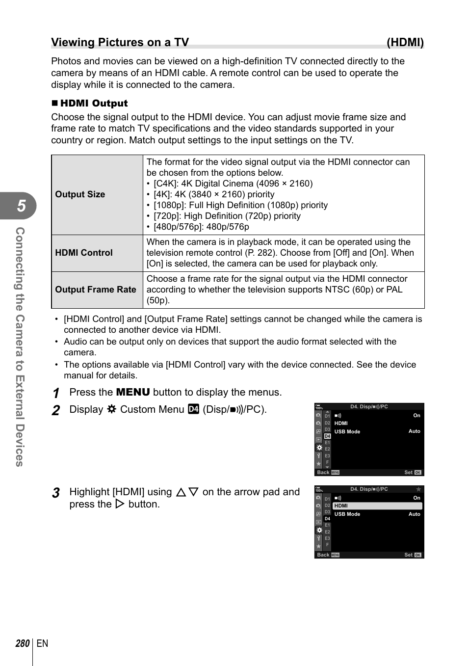 Connecting the camera to external devices, Viewing pictures on a tv (hdmi), 280 en | Press the menu button to display the menus, Display g custom menu s (disp/ 8 /pc) | Olympus OM-D E-M1 Mark III Mirrorless Camera User Manual | Page 280 / 333