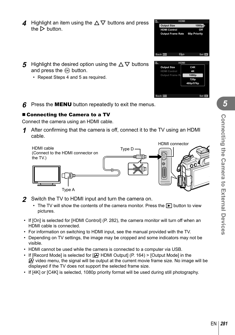 Connecting the camera to external devices, 281 en, Press the menu button repeatedly to exit the menus | Switch the tv to hdmi input and turn the camera on | Olympus OM-D E-M1 Mark III Mirrorless Camera User Manual | Page 281 / 333