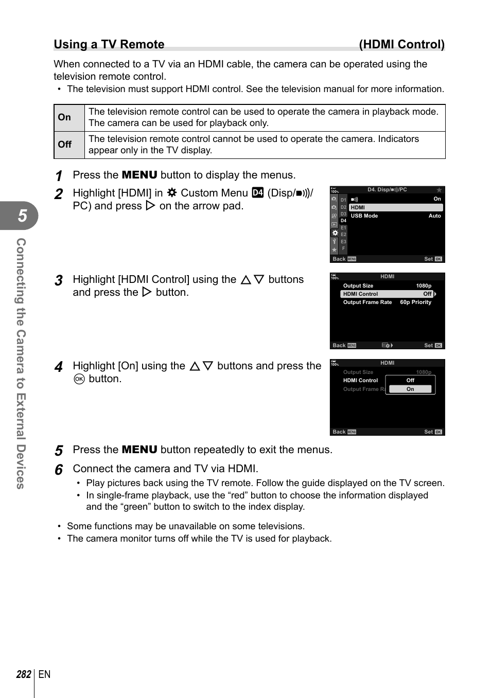 Connecting the camera to external devices, Using a tv remote (hdmi control), 282 en | Press the menu button to display the menus, Press the menu button repeatedly to exit the menus, Connect the camera and tv via hdmi | Olympus OM-D E-M1 Mark III Mirrorless Camera User Manual | Page 282 / 333