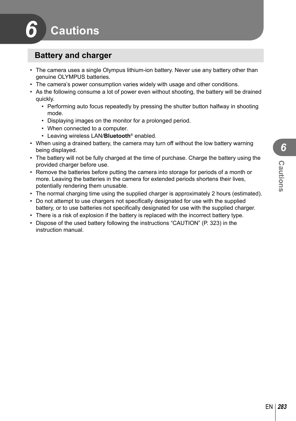 Cautions, Battery and charger | Olympus OM-D E-M1 Mark III Mirrorless Camera User Manual | Page 283 / 333