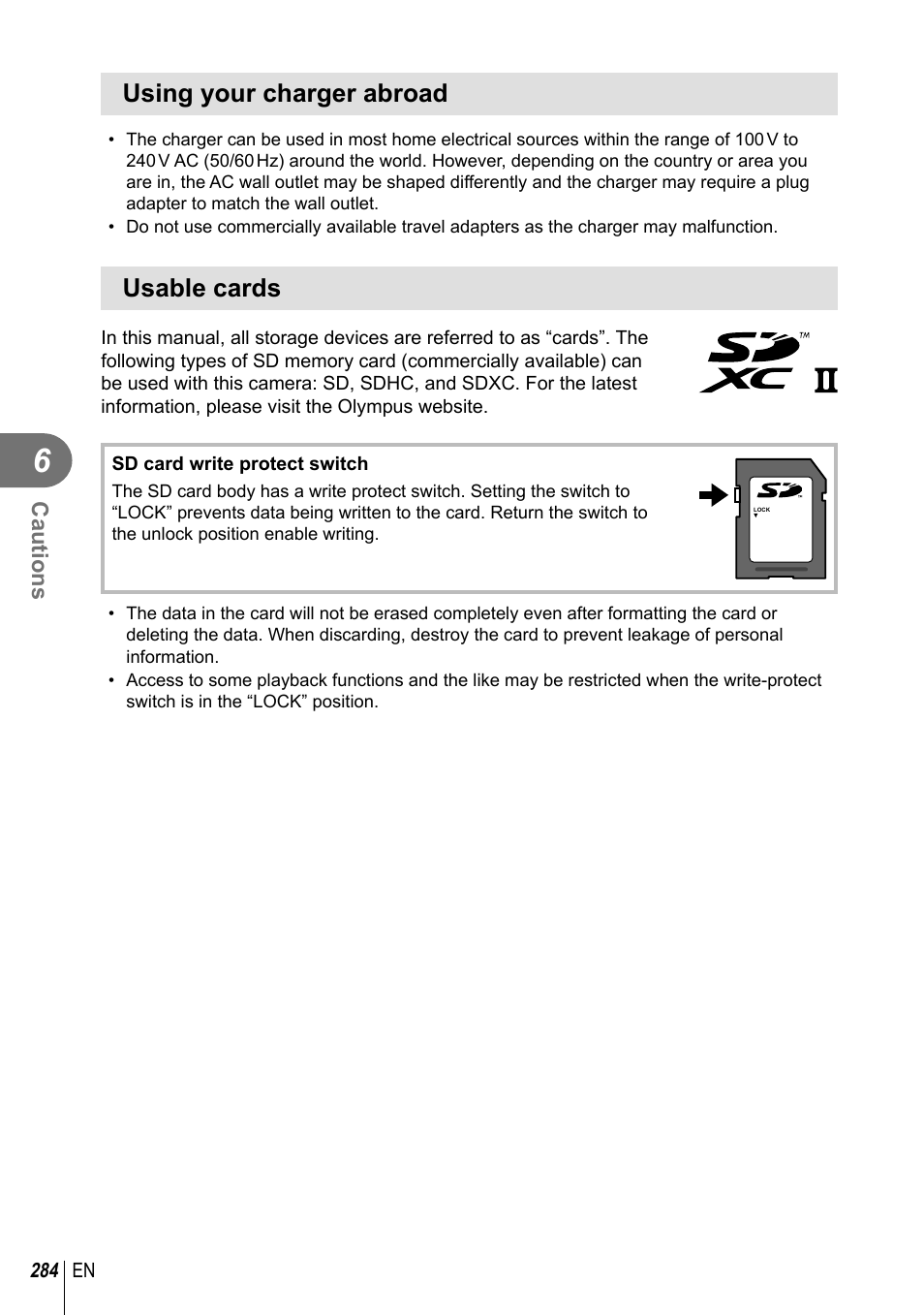 Using your charger abroad, Usable cards | Olympus OM-D E-M1 Mark III Mirrorless Camera User Manual | Page 284 / 333