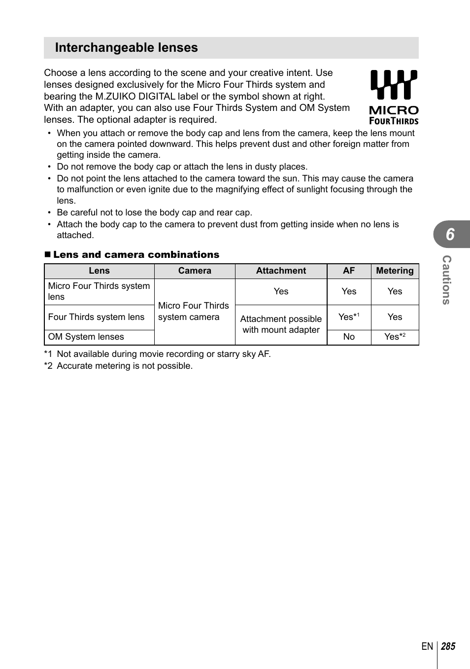 Interchangeable lenses, Cautions | Olympus OM-D E-M1 Mark III Mirrorless Camera User Manual | Page 285 / 333