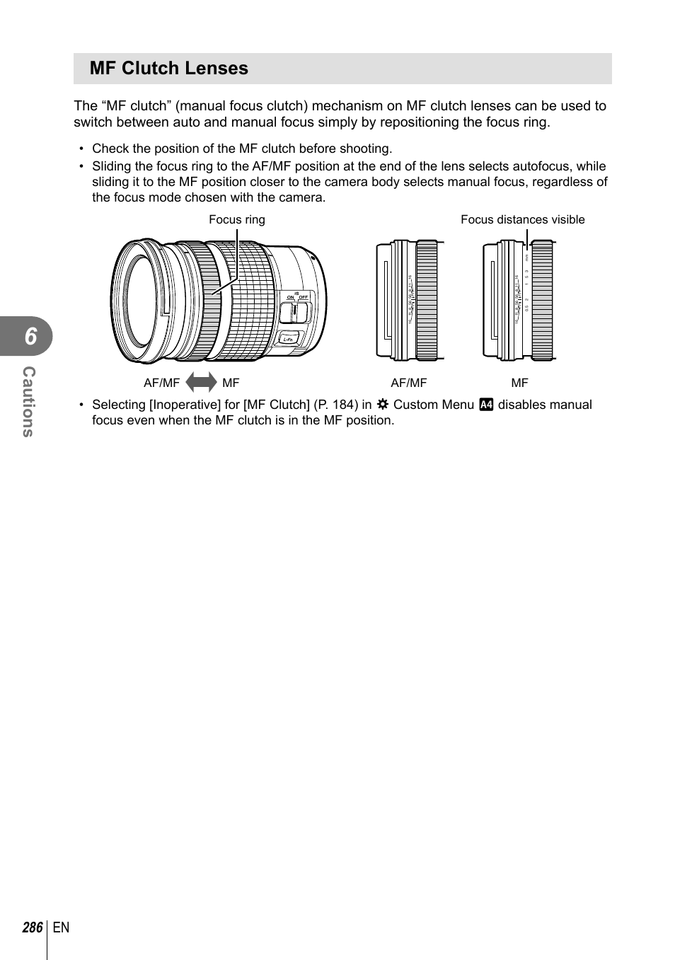 Mf clutch lenses, Cautions, 286 en | Focus distances visible, Focus ring af/mf mf af/mf mf | Olympus OM-D E-M1 Mark III Mirrorless Camera User Manual | Page 286 / 333