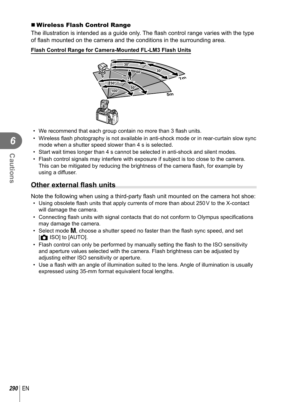 Cautions, Other external fl ash units | Olympus OM-D E-M1 Mark III Mirrorless Camera User Manual | Page 290 / 333