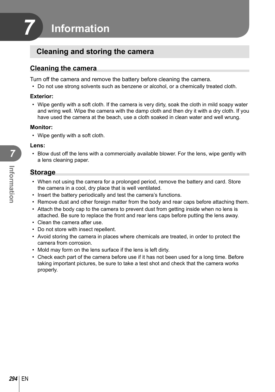 Information, Cleaning and storing the camera | Olympus OM-D E-M1 Mark III Mirrorless Camera User Manual | Page 294 / 333