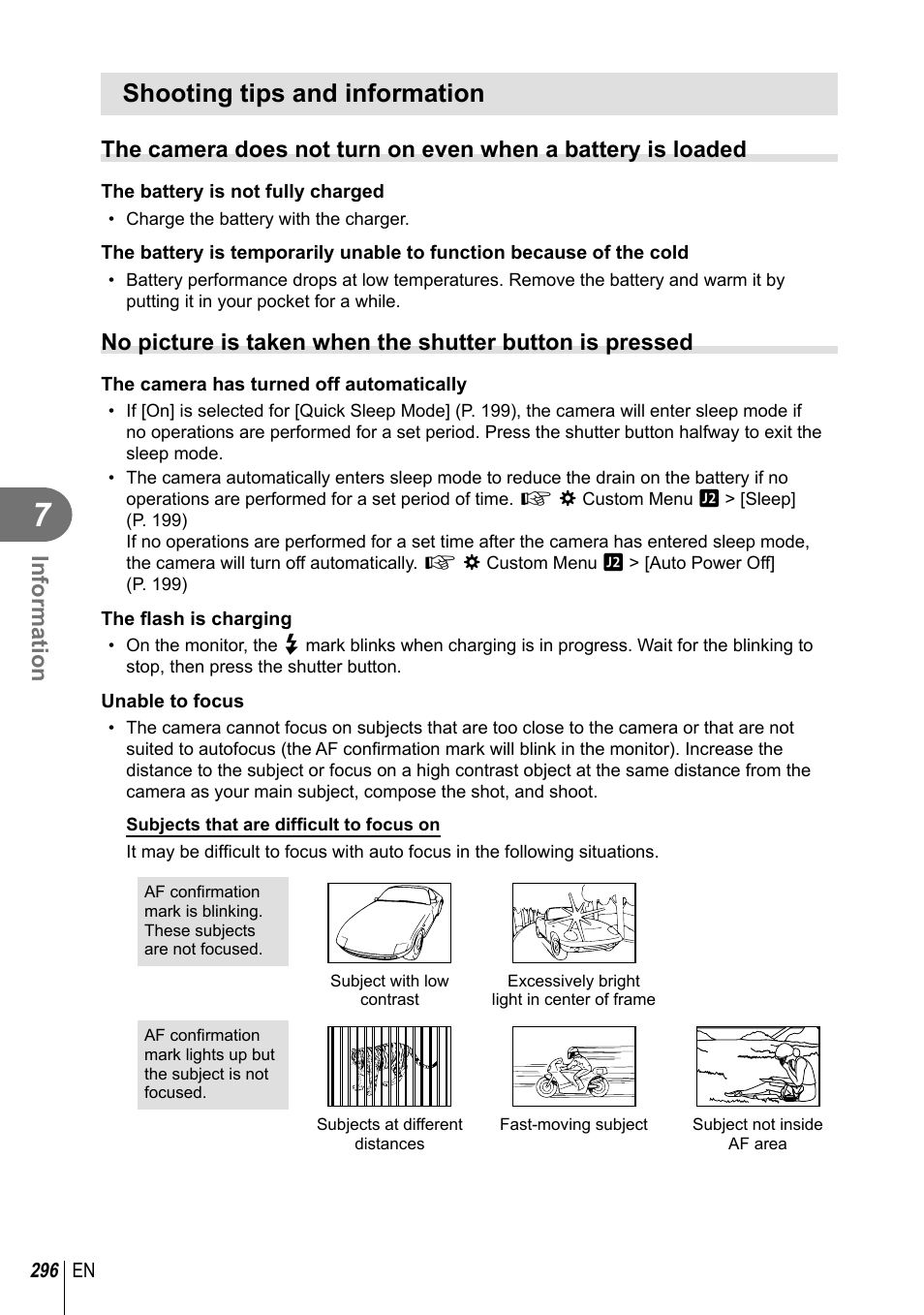 Shooting tips and information, Information | Olympus OM-D E-M1 Mark III Mirrorless Camera User Manual | Page 296 / 333