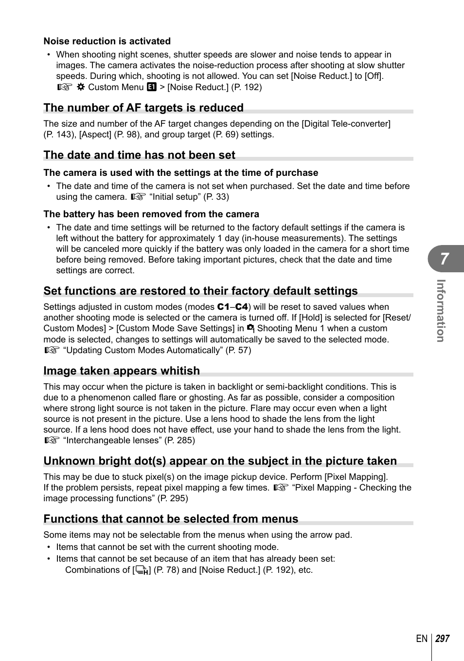 Information, The number of af targets is reduced, The date and time has not been set | Image taken appears whitish, Functions that cannot be selected from menus | Olympus OM-D E-M1 Mark III Mirrorless Camera User Manual | Page 297 / 333