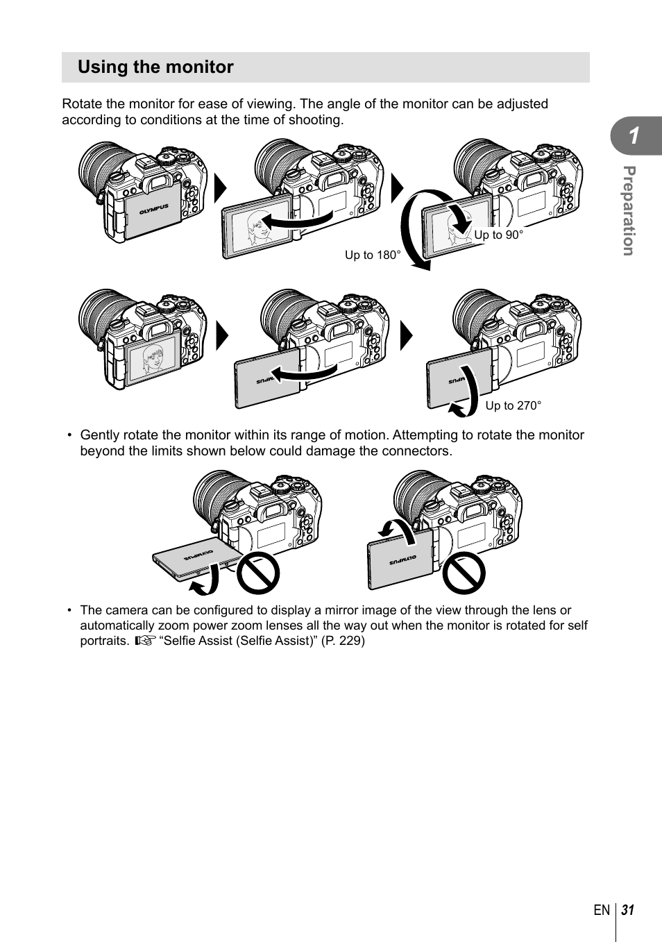 Using the monitor | Olympus OM-D E-M1 Mark III Mirrorless Camera User Manual | Page 31 / 333