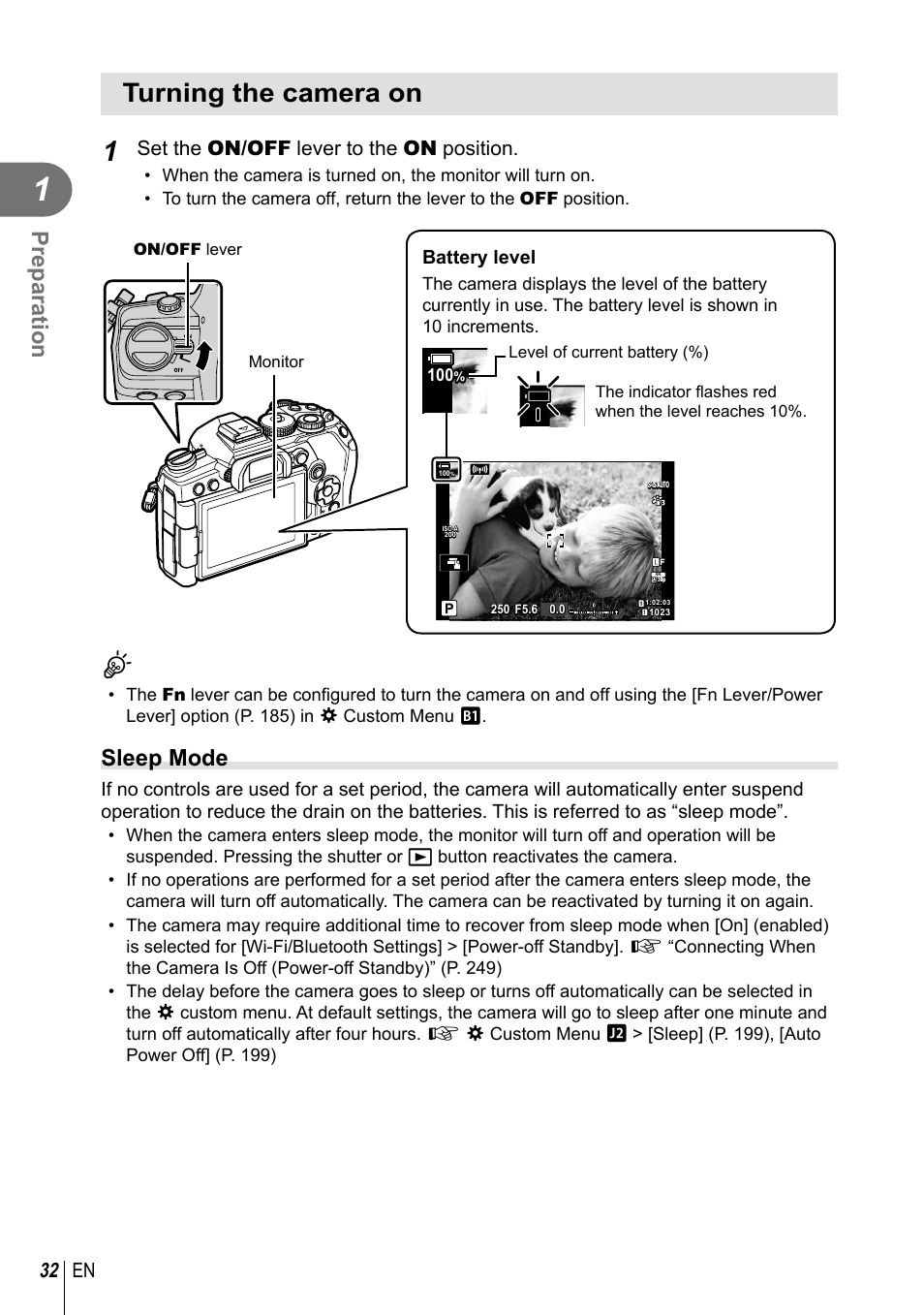 Turning the camera on, Preparation, Sleep mode | 32 en, Set the on/off lever to the on position | Olympus OM-D E-M1 Mark III Mirrorless Camera User Manual | Page 32 / 333