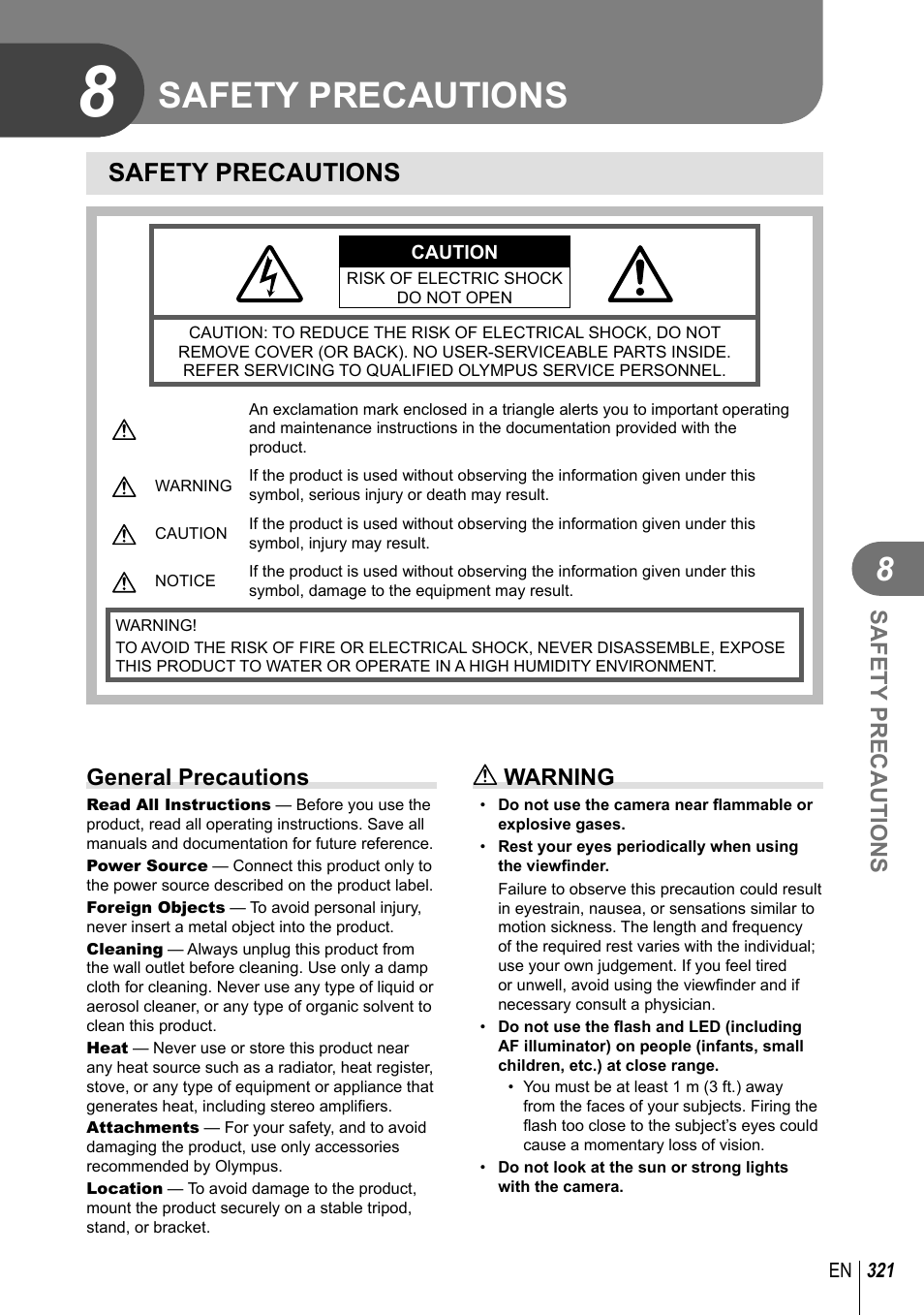 Safety precautions, General precautions, Warning | Olympus OM-D E-M1 Mark III Mirrorless Camera User Manual | Page 321 / 333