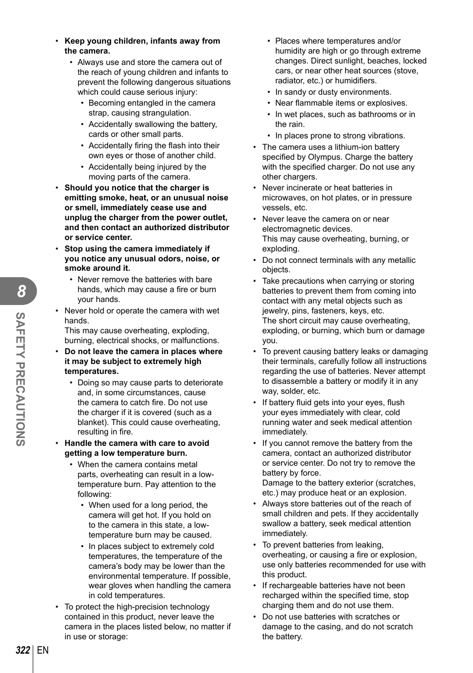 Safety precautions, 322 en | Olympus OM-D E-M1 Mark III Mirrorless Camera User Manual | Page 322 / 333