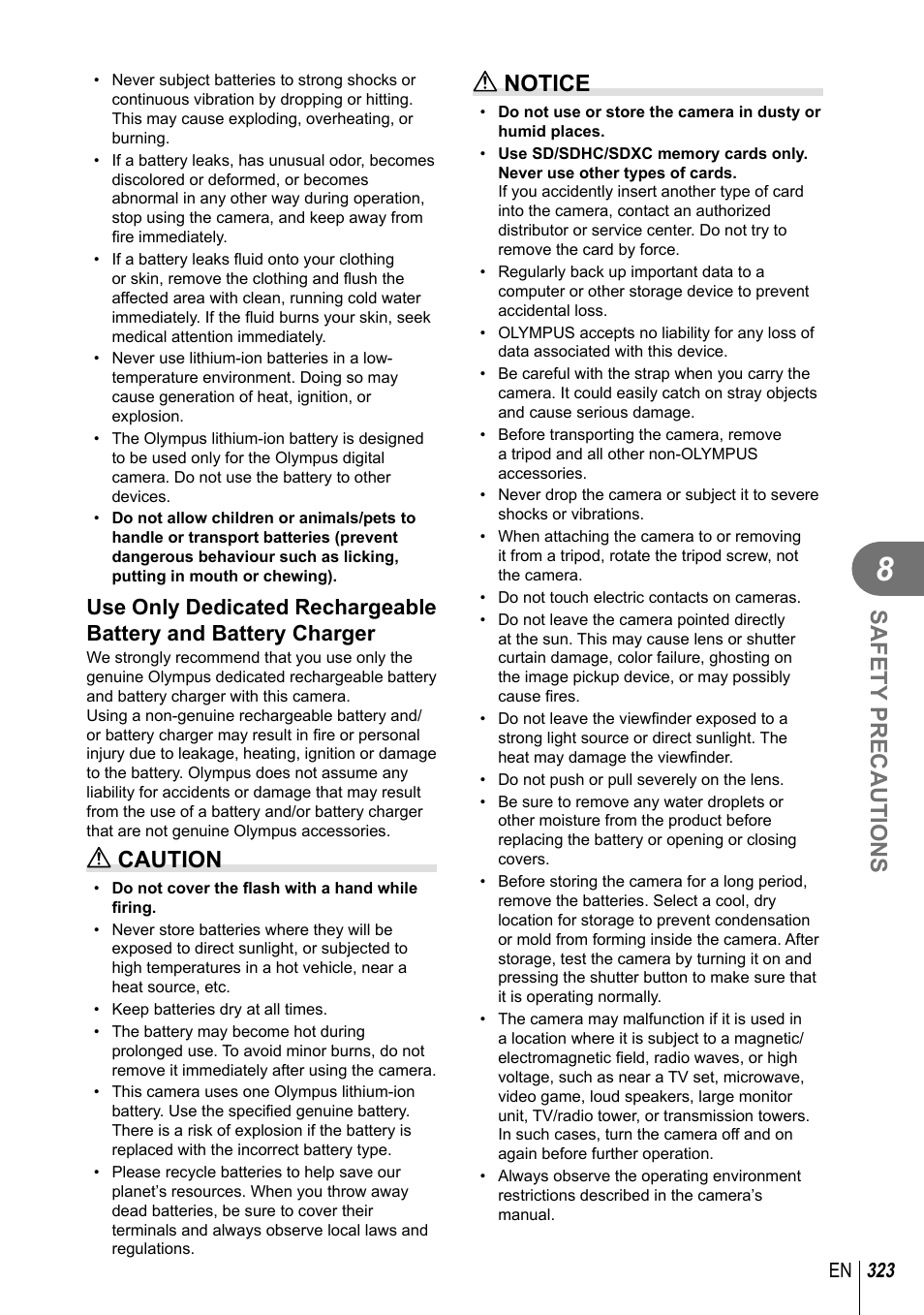 Safety precautions, Caution, Notice | 323 en | Olympus OM-D E-M1 Mark III Mirrorless Camera User Manual | Page 323 / 333