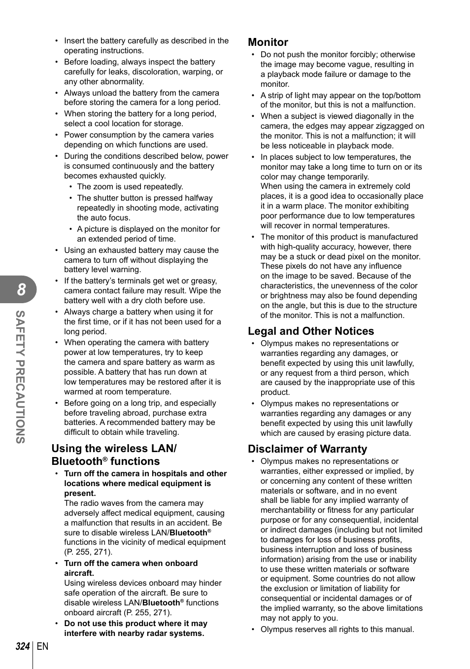 Safety precautions, Using the wireless lan/ bluetooth, Functions | Monitor, Legal and other notices, Disclaimer of warranty, 324 en | Olympus OM-D E-M1 Mark III Mirrorless Camera User Manual | Page 324 / 333