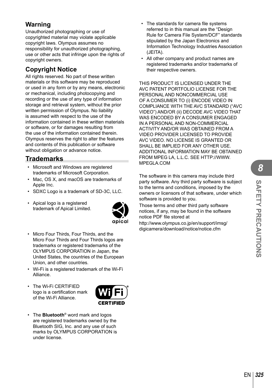 Safety precautions, Trademarks, Warning | Copyright notice, 325 en | Olympus OM-D E-M1 Mark III Mirrorless Camera User Manual | Page 325 / 333