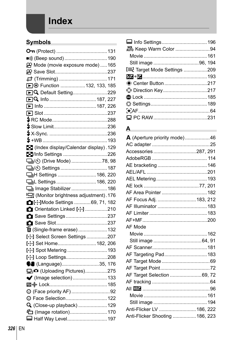 Index, Symbols | Olympus OM-D E-M1 Mark III Mirrorless Camera User Manual | Page 326 / 333