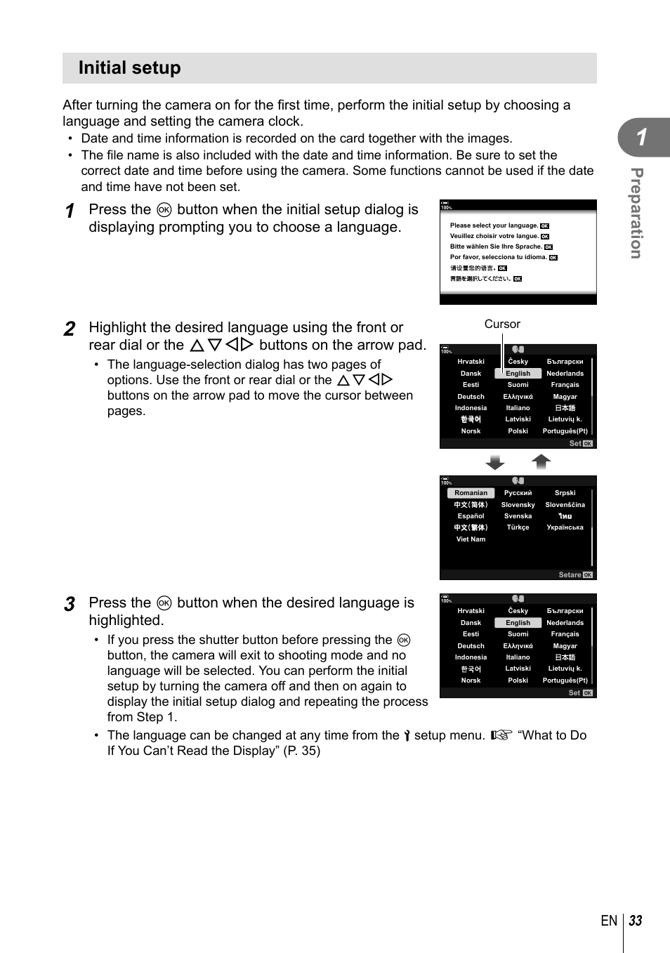 Initial setup, Preparation, 33 en | Cursor | Olympus OM-D E-M1 Mark III Mirrorless Camera User Manual | Page 33 / 333