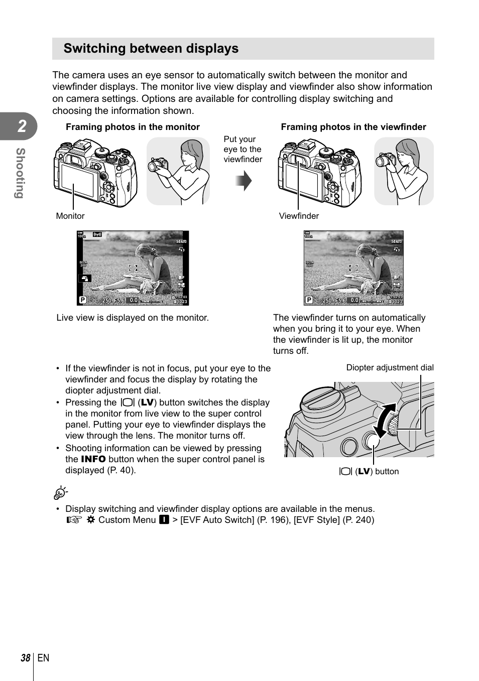 Switching between displays, Shooting, 38 en | Olympus OM-D E-M1 Mark III Mirrorless Camera User Manual | Page 38 / 333