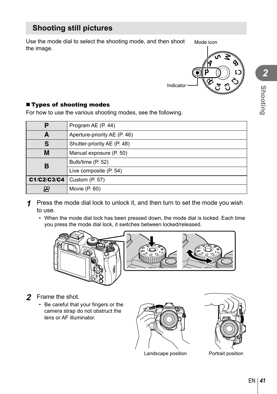 Shooting still pictures, Shooting | Olympus OM-D E-M1 Mark III Mirrorless Camera User Manual | Page 41 / 333