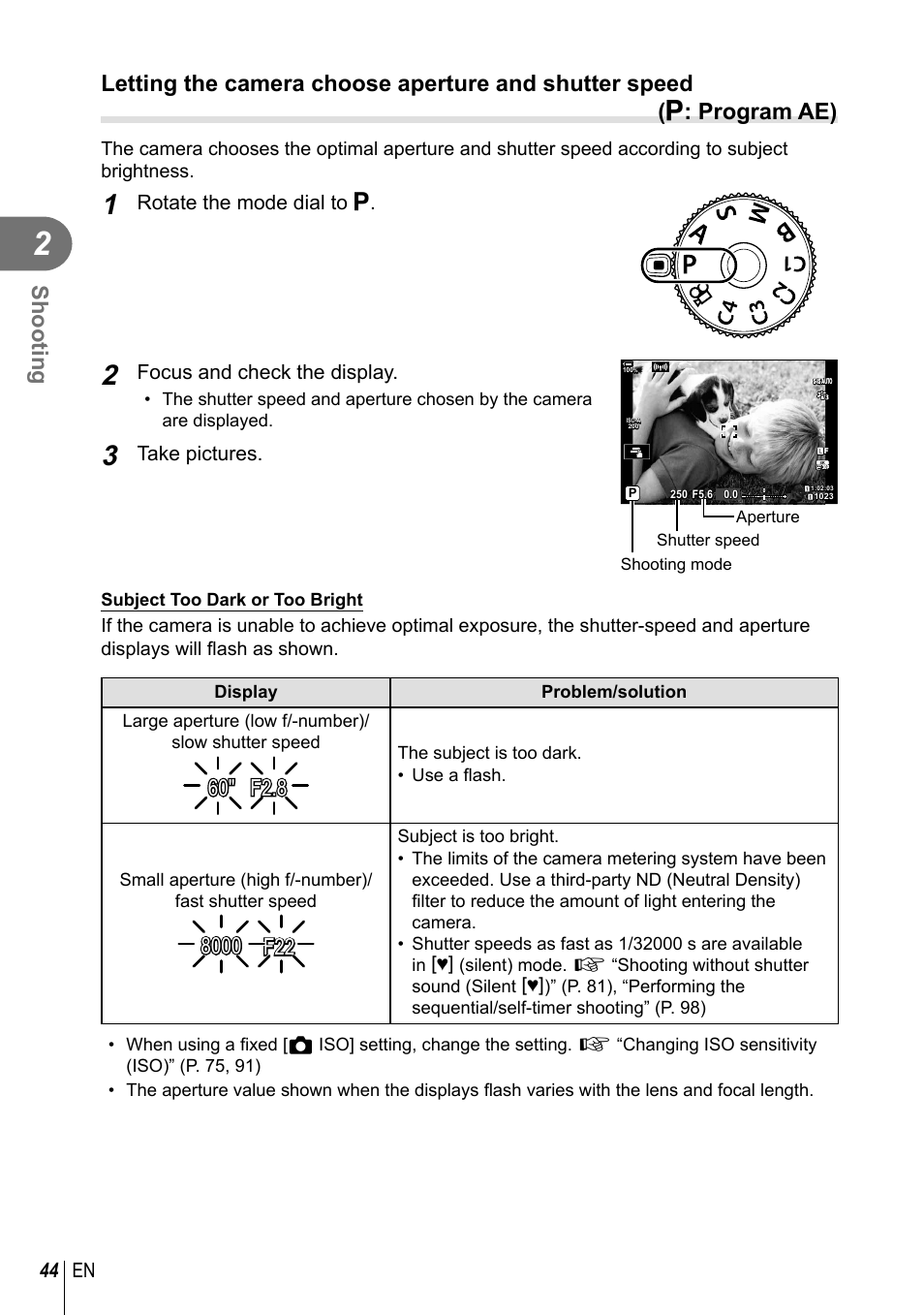 Shooting, 44 en, Rotate the mode dial to p | Focus and check the display, Take pictures | Olympus OM-D E-M1 Mark III Mirrorless Camera User Manual | Page 44 / 333