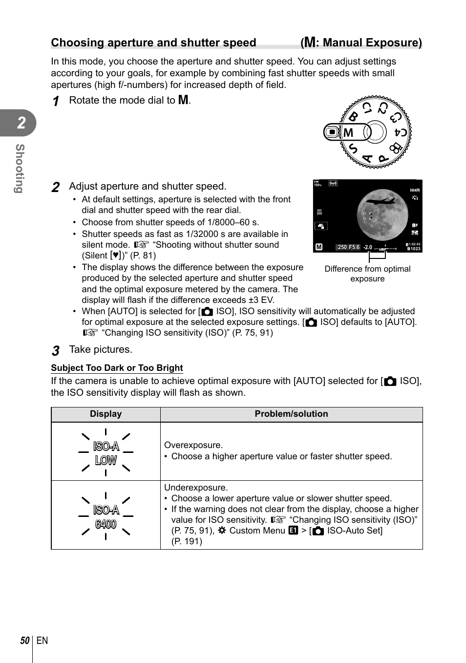 Shooting, Iso-a, Iso-a low low | 50 en, Rotate the mode dial to m, Adjust aperture and shutter speed, Take pictures | Olympus OM-D E-M1 Mark III Mirrorless Camera User Manual | Page 50 / 333