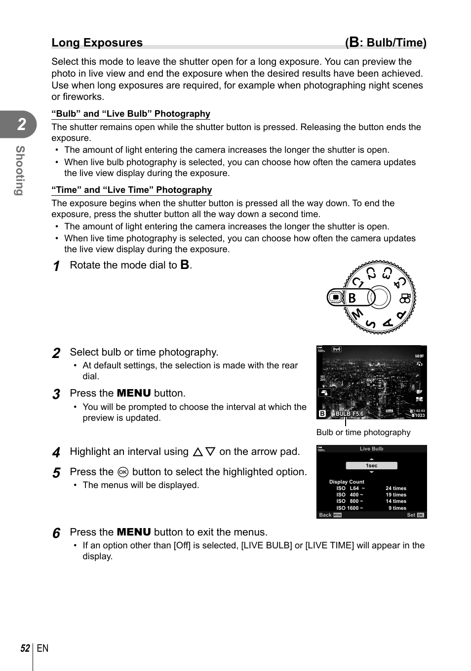 Shooting, Long exposures, Bulb/time) | 52 en, Rotate the mode dial to, Select bulb or time photography, Press the menu button, Highlight an interval using fg on the arrow pad, Press the menu button to exit the menus | Olympus OM-D E-M1 Mark III Mirrorless Camera User Manual | Page 52 / 333