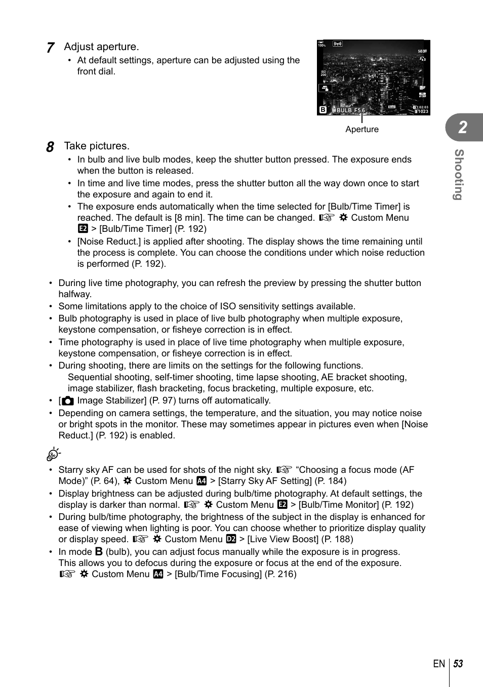 Shooting, 53 en, Adjust aperture | Take pictures | Olympus OM-D E-M1 Mark III Mirrorless Camera User Manual | Page 53 / 333