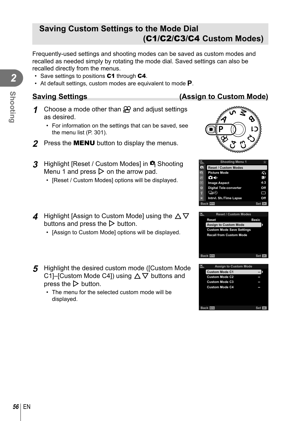 Shooting, Saving settings (assign to custom mode), 56 en | Press the menu button to display the menus | Olympus OM-D E-M1 Mark III Mirrorless Camera User Manual | Page 56 / 333