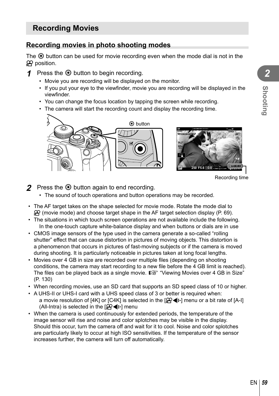 Recording movies, Shooting, Recording movies in photo shooting modes | 59 en, Press the r button to begin recording, Press the r button again to end recording | Olympus OM-D E-M1 Mark III Mirrorless Camera User Manual | Page 59 / 333