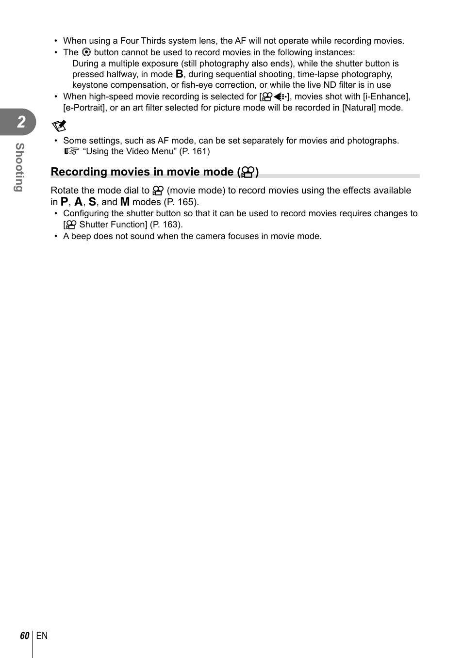 Shooting, Recording movies in movie mode ( n ) | Olympus OM-D E-M1 Mark III Mirrorless Camera User Manual | Page 60 / 333