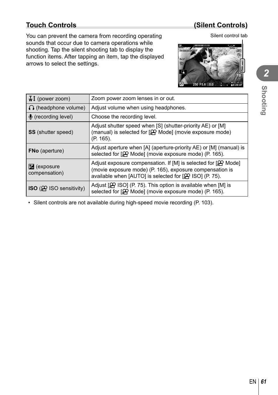 Shooting, Touch controls (silent controls), 61 en | Olympus OM-D E-M1 Mark III Mirrorless Camera User Manual | Page 61 / 333
