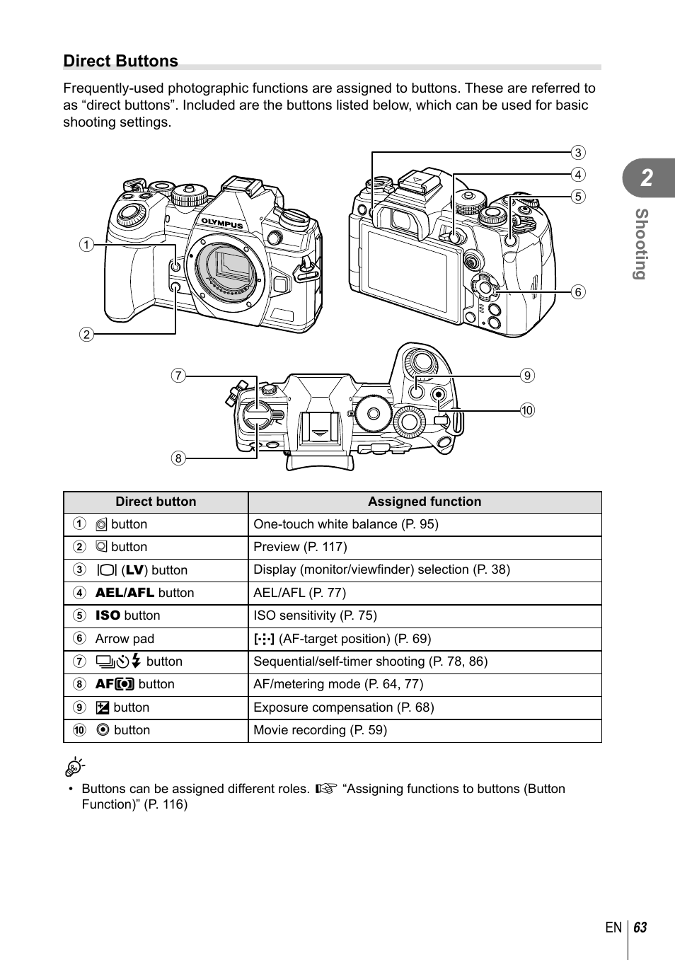 Shooting, Direct buttons | Olympus OM-D E-M1 Mark III Mirrorless Camera User Manual | Page 63 / 333