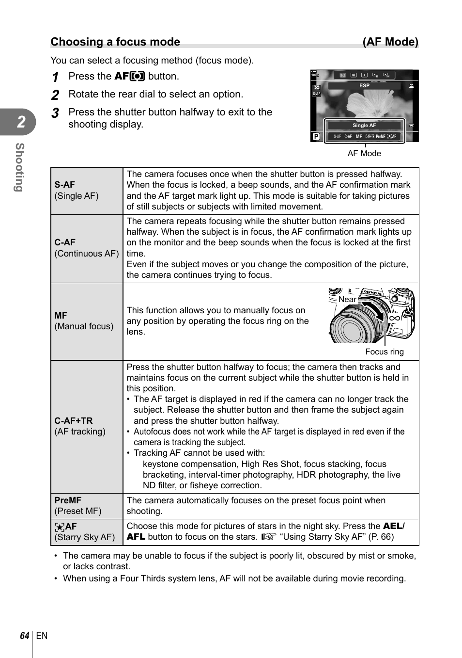 Shooting, Choosing a focus mode (af mode), 64 en | Press the af m button, Rotate the rear dial to select an option | Olympus OM-D E-M1 Mark III Mirrorless Camera User Manual | Page 64 / 333