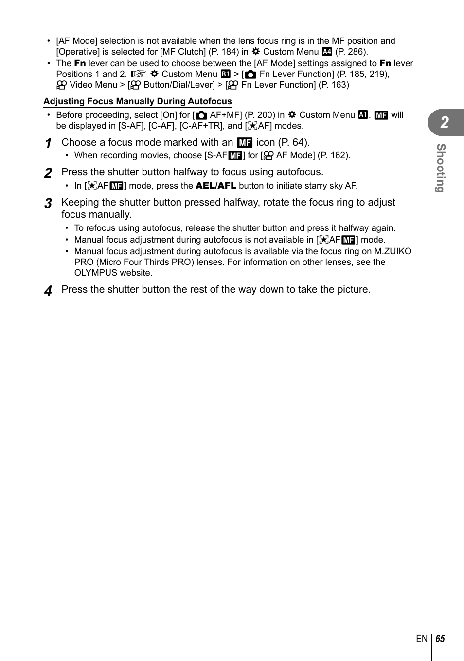 Shooting | Olympus OM-D E-M1 Mark III Mirrorless Camera User Manual | Page 65 / 333