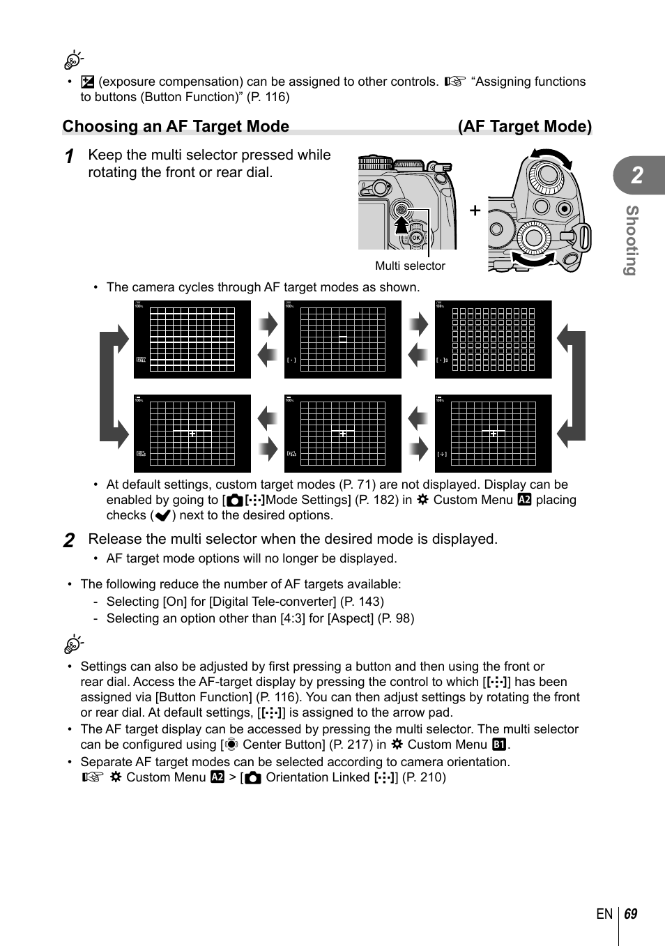 Shooting, Choosing an af target mode (af target mode), 69 en | Olympus OM-D E-M1 Mark III Mirrorless Camera User Manual | Page 69 / 333
