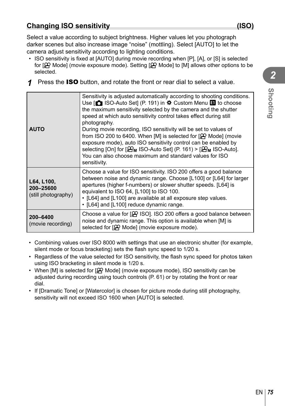 Shooting, Changing iso sensitivity (iso) | Olympus OM-D E-M1 Mark III Mirrorless Camera User Manual | Page 75 / 333