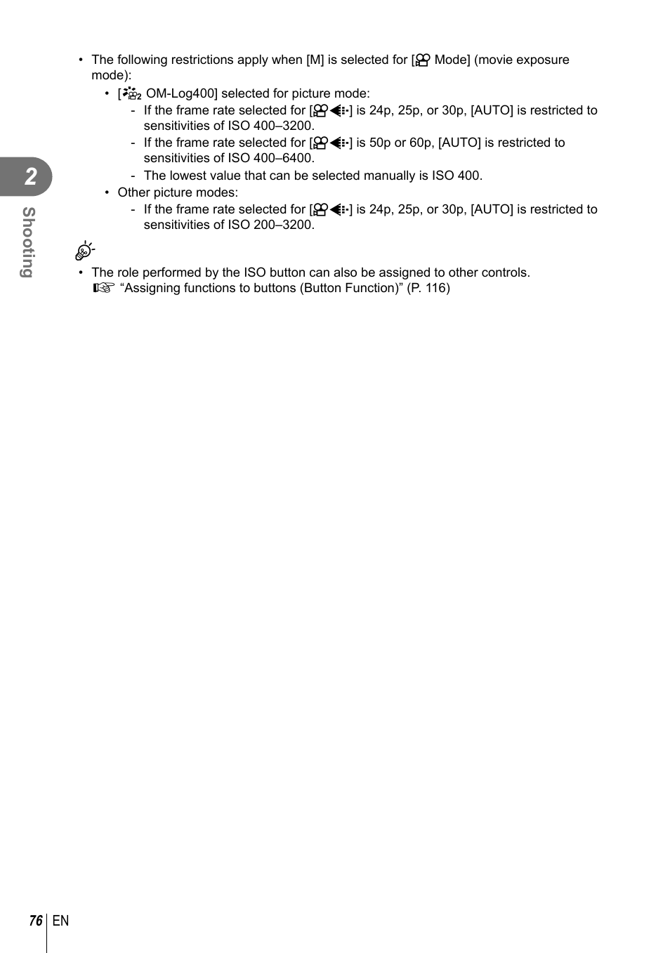 Shooting | Olympus OM-D E-M1 Mark III Mirrorless Camera User Manual | Page 76 / 333