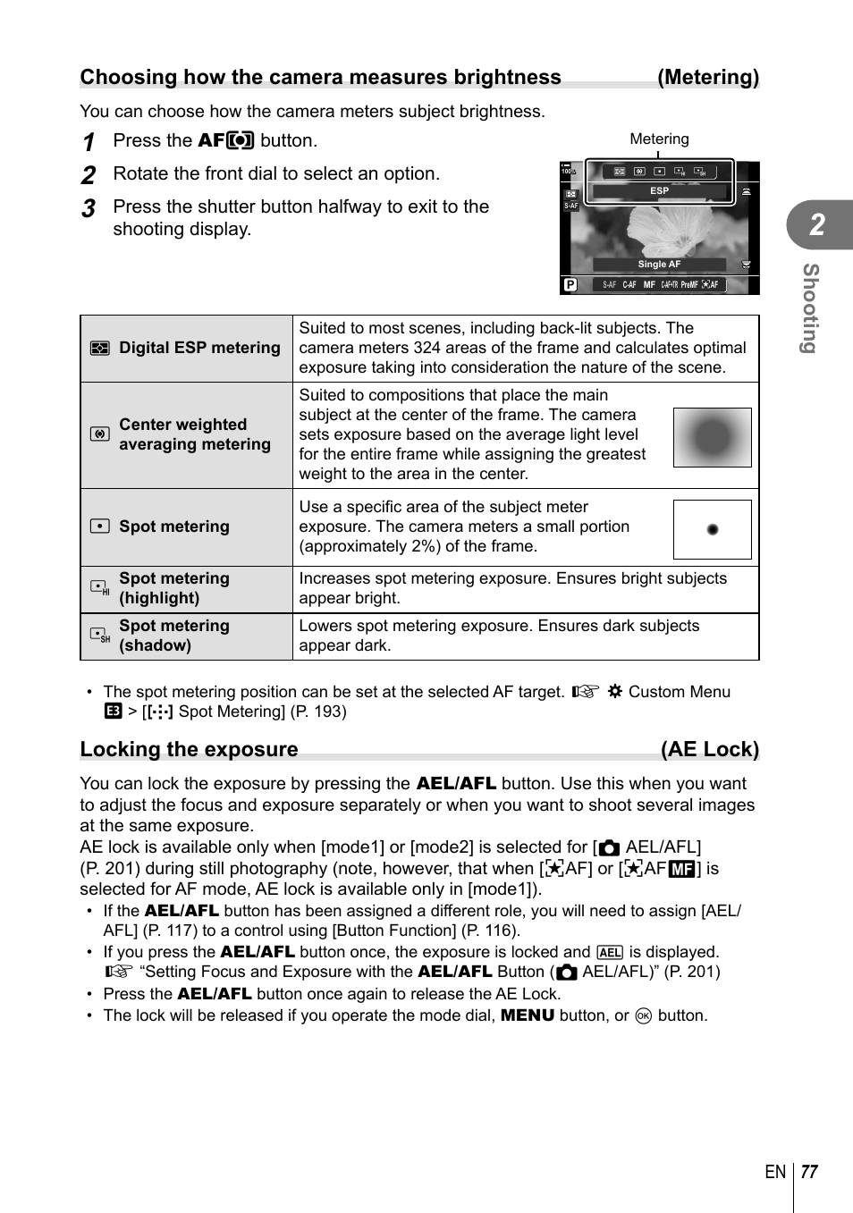 Shooting, Locking the exposure (ae lock) | Olympus OM-D E-M1 Mark III Mirrorless Camera User Manual | Page 77 / 333