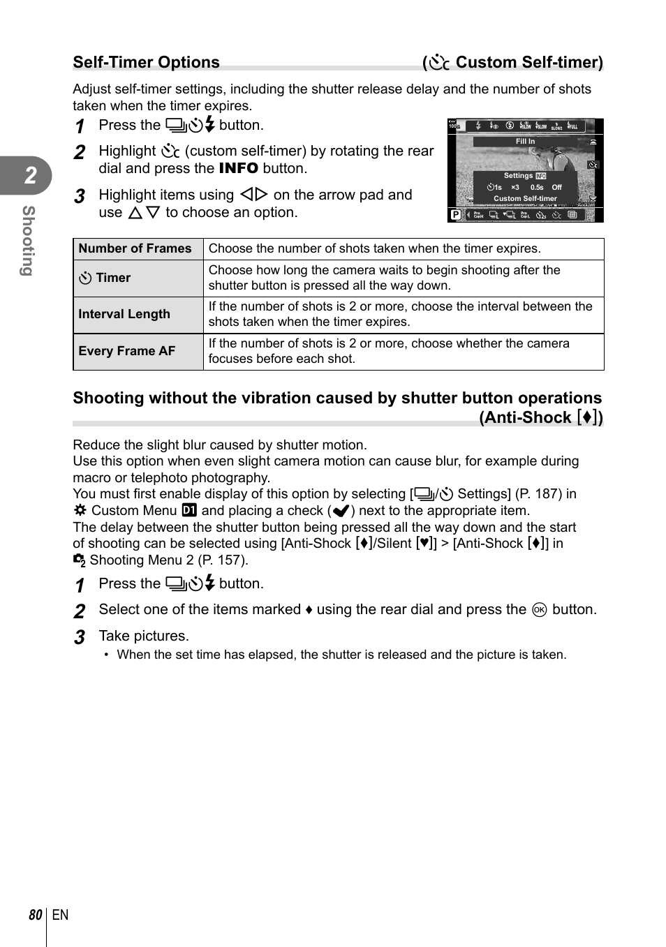 Shooting, Self-timer options ( c custom self-timer) | Olympus OM-D E-M1 Mark III Mirrorless Camera User Manual | Page 80 / 333