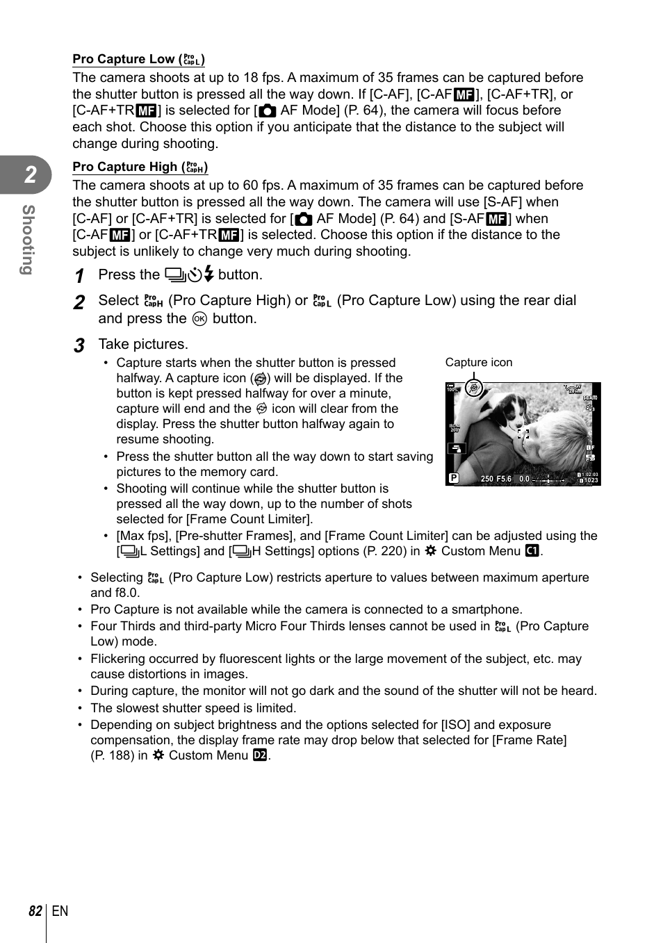 Shooting, 82 en, Press the j y# button | Take pictures | Olympus OM-D E-M1 Mark III Mirrorless Camera User Manual | Page 82 / 333