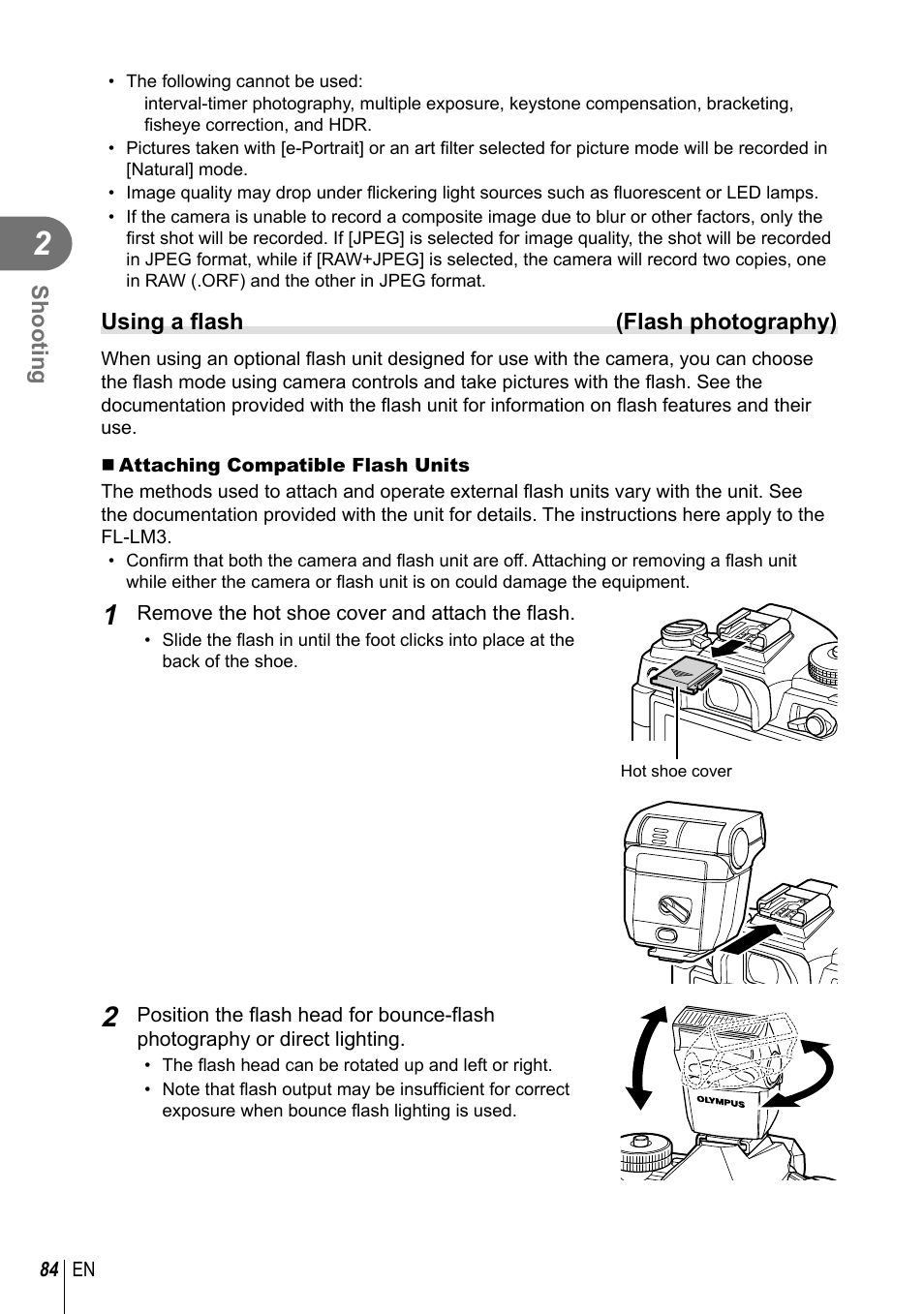 Shooting, Using a fl ash (flash photography) | Olympus OM-D E-M1 Mark III Mirrorless Camera User Manual | Page 84 / 333