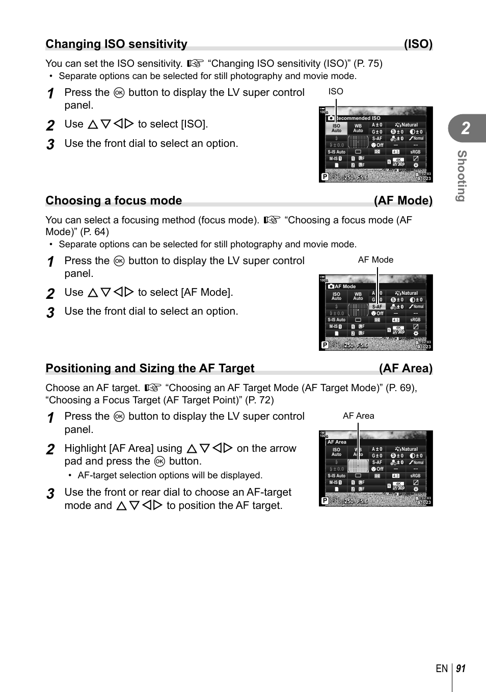 Shooting, Changing iso sensitivity (iso), Choosing a focus mode (af mode) | Positioning and sizing the af target (af area), 91 en, Use fghi to select [iso, Use the front dial to select an option, Use fghi to select [af mode, Af-target selection options will be displayed, Af mode | Olympus OM-D E-M1 Mark III Mirrorless Camera User Manual | Page 91 / 333