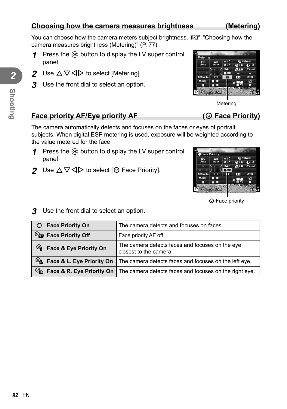 Shooting, 92 en, Use fghi to select [metering | Use the front dial to select an option, Use fghi to select [ i face priority | Olympus OM-D E-M1 Mark III Mirrorless Camera User Manual | Page 92 / 333