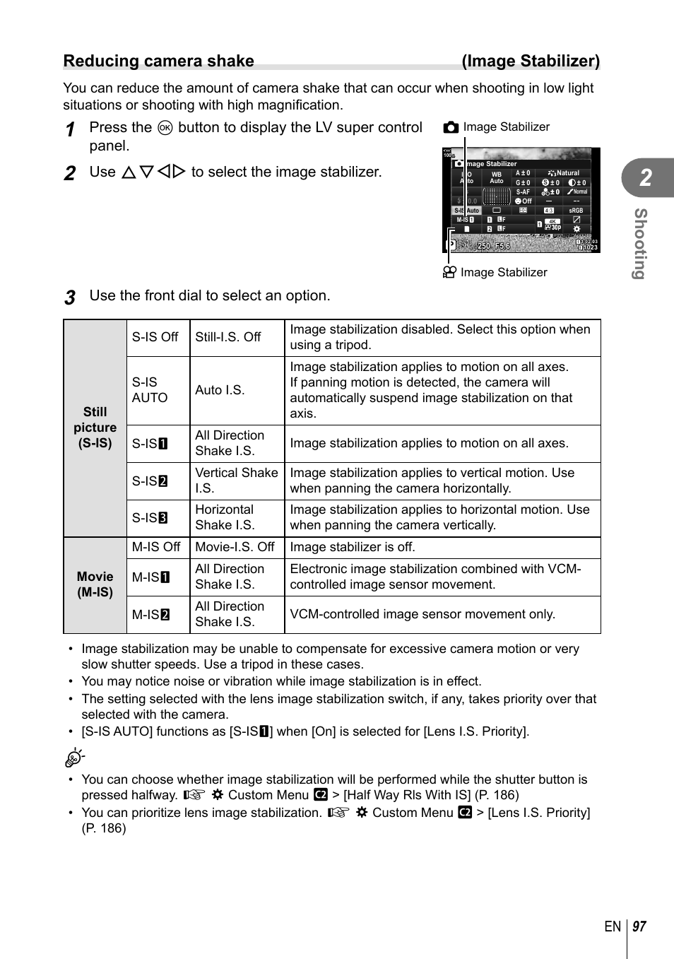 Shooting, Reducing camera shake (image stabilizer), 97 en | Use fghi to select the image stabilizer, Use the front dial to select an option | Olympus OM-D E-M1 Mark III Mirrorless Camera User Manual | Page 97 / 333