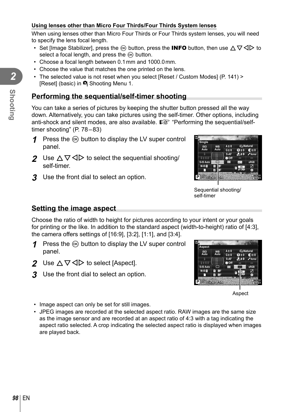 Shooting, Performing the sequential/self-timer shooting, Setting the image aspect | 98 en, Use the front dial to select an option, Use fghi to select [aspect | Olympus OM-D E-M1 Mark III Mirrorless Camera User Manual | Page 98 / 333