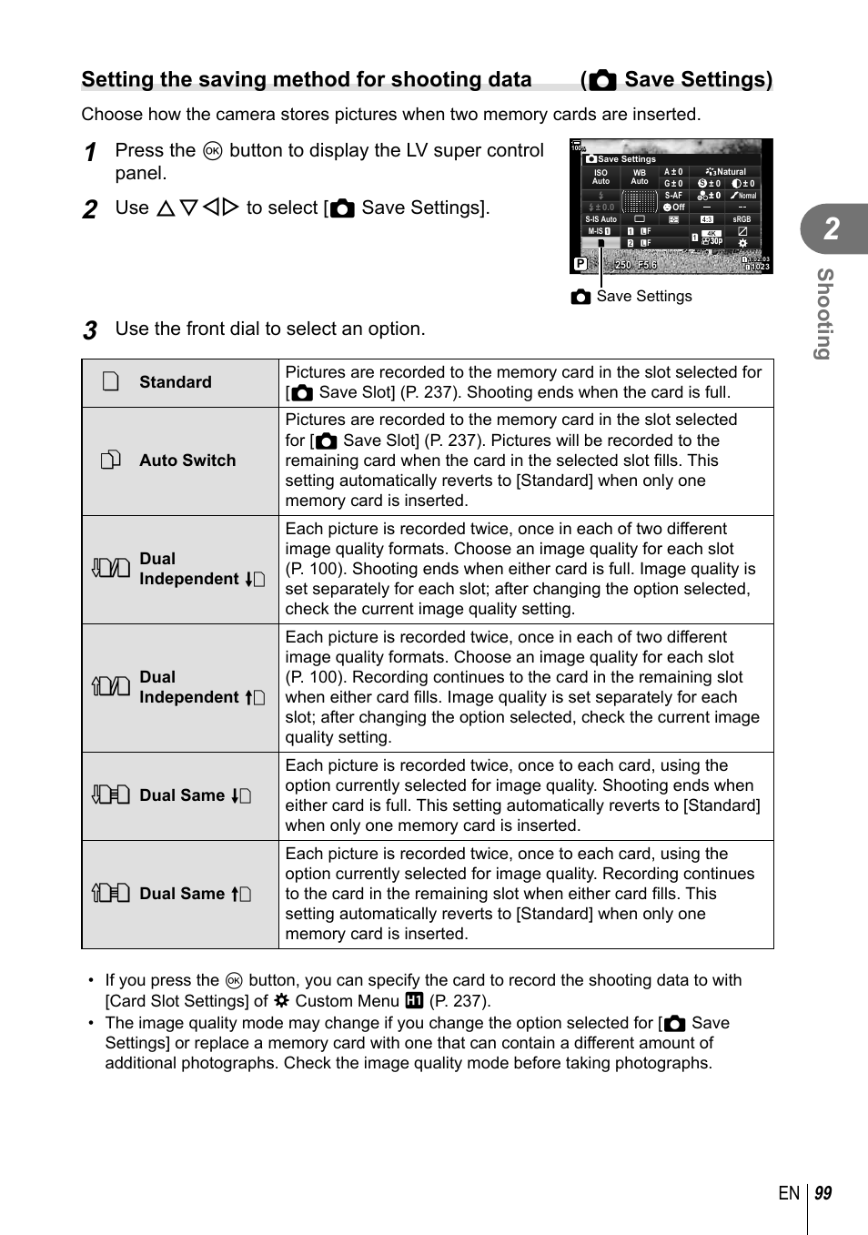 Shooting, 99 en, Use fghi to select [ k save settings | Use the front dial to select an option | Olympus OM-D E-M1 Mark III Mirrorless Camera User Manual | Page 99 / 333